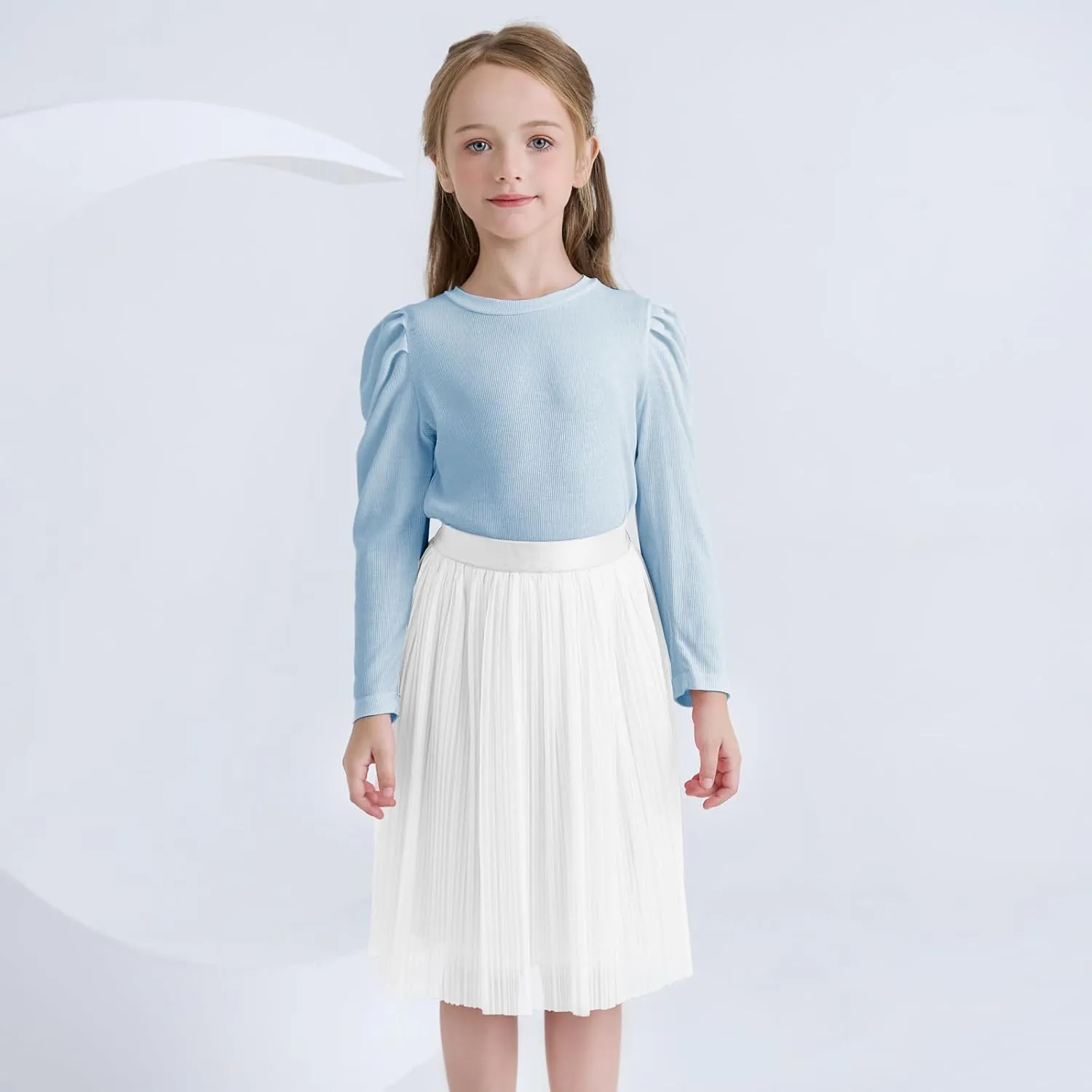 ZUNW Girls Mesh Pleated Skirt Elastic High Waist A-Line Swing Tulle Midi Skirt for Girl 6-14 Years