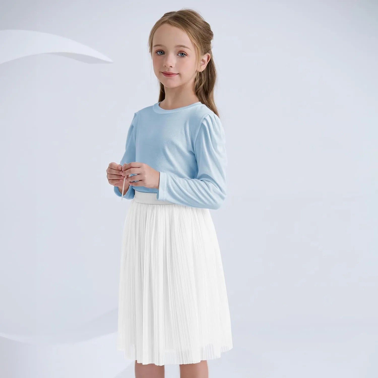 ZUNW Girls Mesh Pleated Skirt Elastic High Waist A-Line Swing Tulle Midi Skirt for Girl 6-14 Years