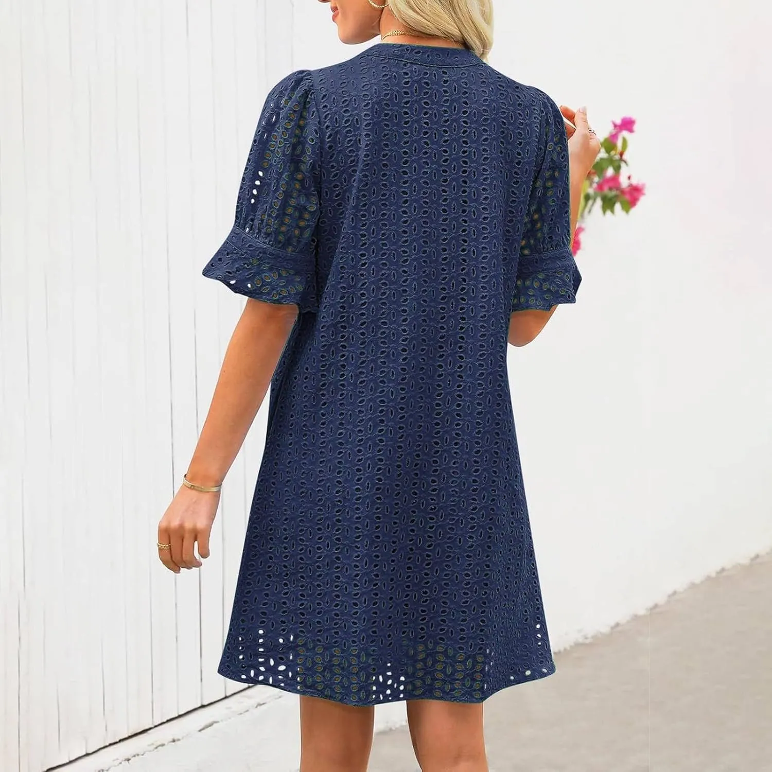 ZYXTIM Summer Eyelet Dresses for Women 2025 Elegant V Neck Short Sleeve Fashion Business Dress Hollow Out Vacation Dresses