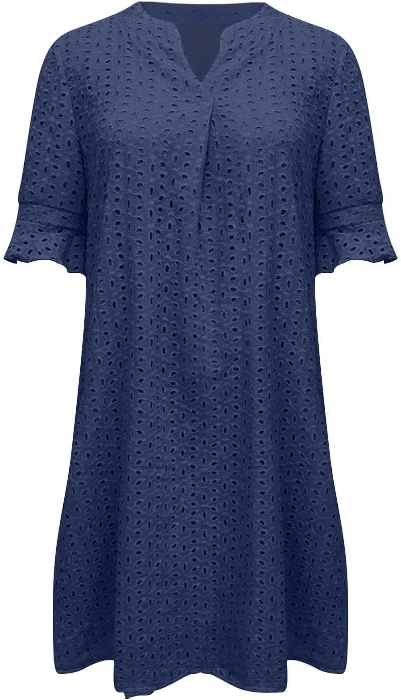 ZYXTIM Summer Eyelet Dresses for Women 2025 Elegant V Neck Short Sleeve Fashion Business Dress Hollow Out Vacation Dresses