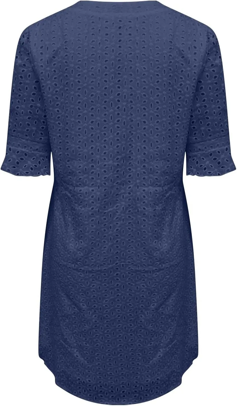 ZYXTIM Summer Eyelet Dresses for Women 2025 Elegant V Neck Short Sleeve Fashion Business Dress Hollow Out Vacation Dresses