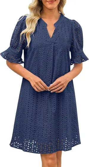 ZYXTIM Summer Eyelet Dresses for Women 2025 Elegant V Neck Short Sleeve Fashion Business Dress Hollow Out Vacation Dresses
