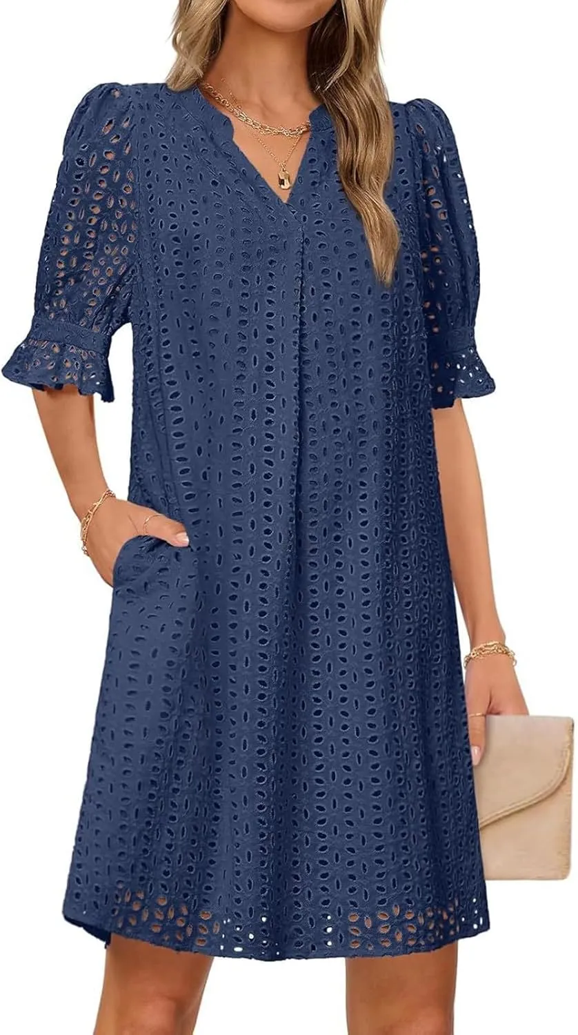 ZYXTIM Summer Eyelet Dresses for Women 2025 Elegant V Neck Short Sleeve Fashion Business Dress Hollow Out Vacation Dresses