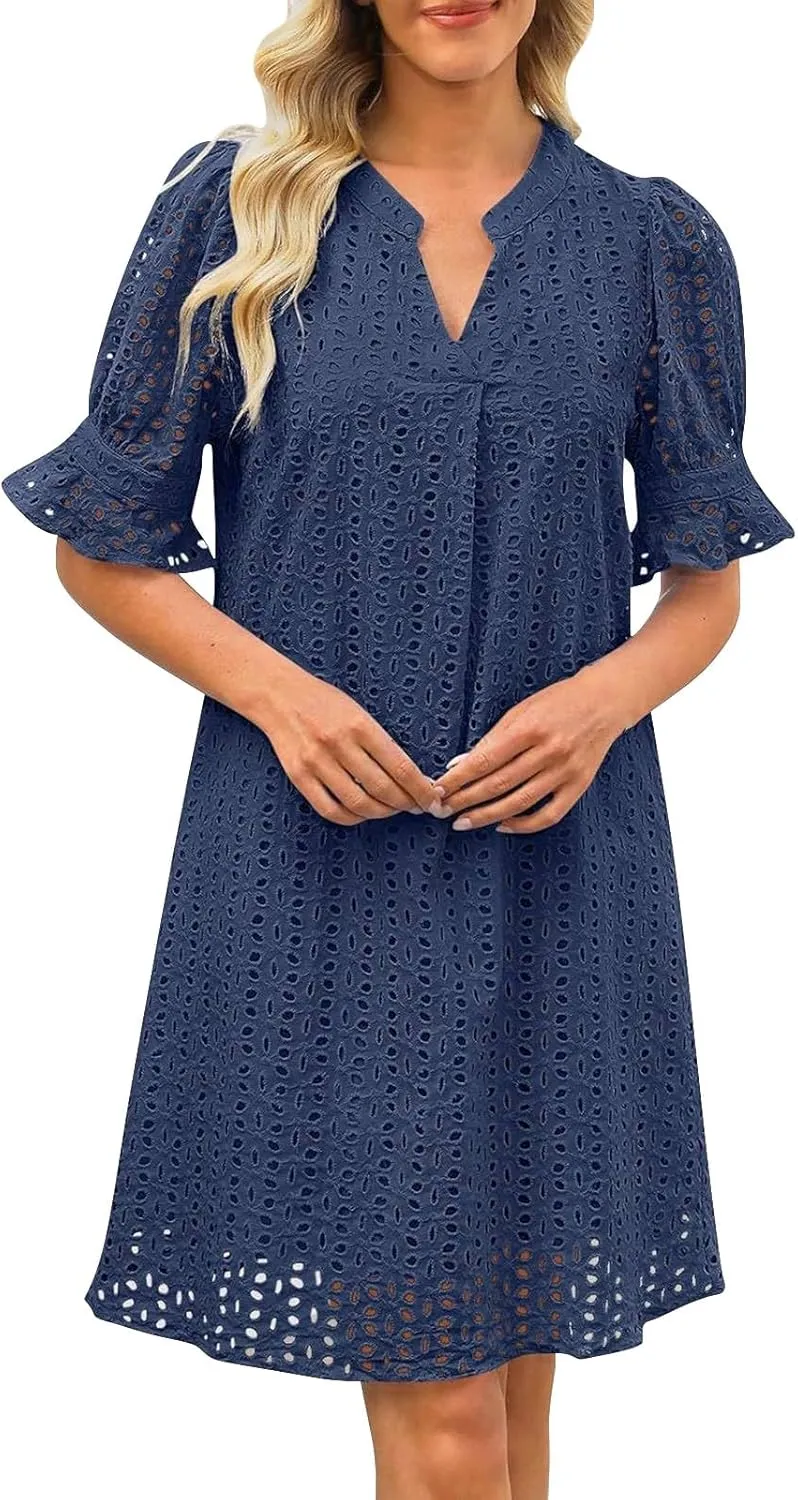 ZYXTIM Summer Eyelet Dresses for Women 2025 Elegant V Neck Short Sleeve Fashion Business Dress Hollow Out Vacation Dresses